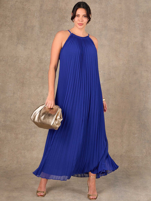 Plus size cobalt blue halterneck pleated maxi dress in flowing chiffon