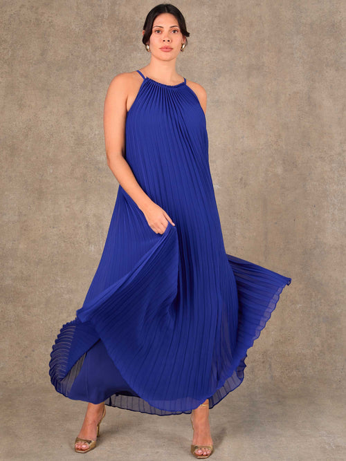 Curve blue pleated chiffon maxi dress with halter neckline and full lining