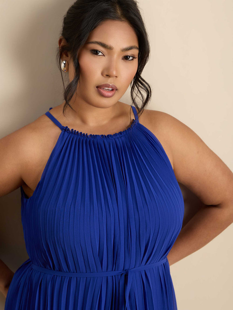 Blue Halter Pleated Maxi Dress