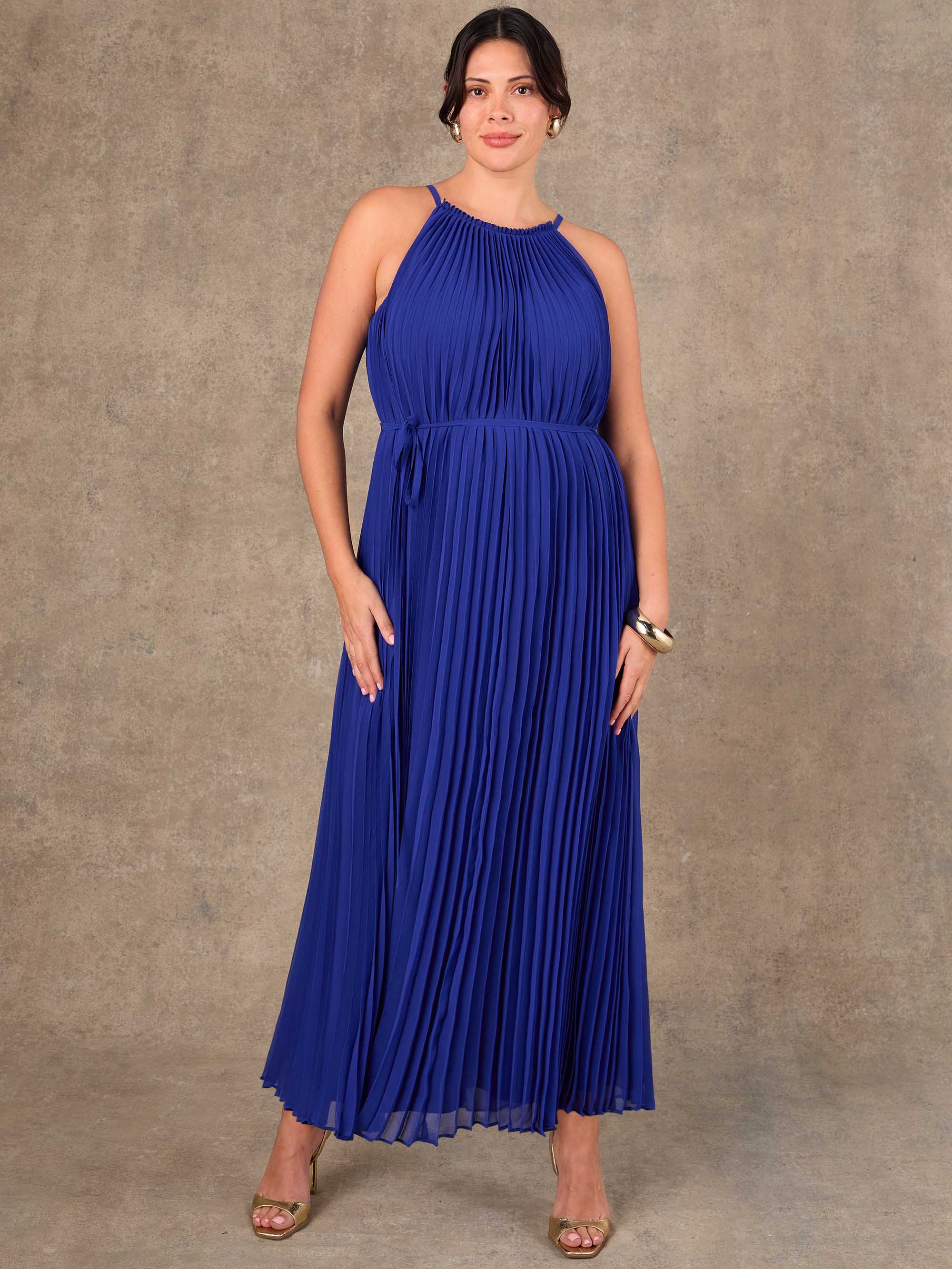 Plus size blue halter pleated maxi dress with back keyhole button fastening