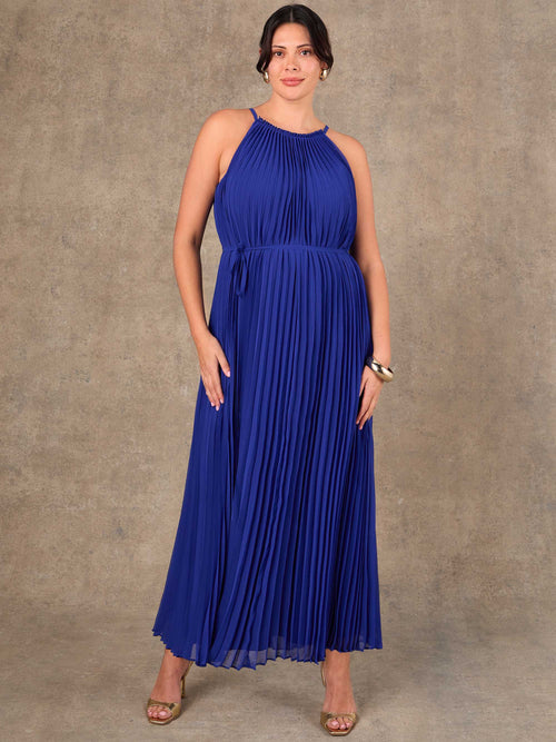 Plus size blue halter pleated maxi dress with back keyhole button fastening