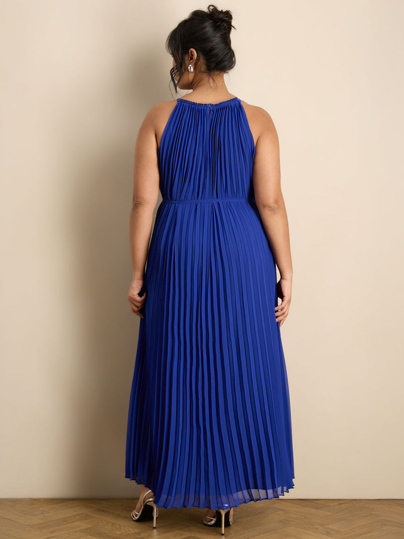 Blue Halter Pleated Maxi Dress