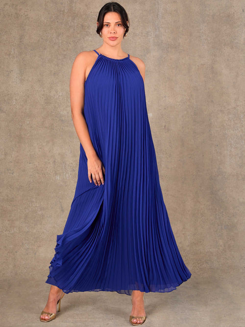 Curve fit cobalt blue pleated maxi dress with halterneck and fluid silhouette