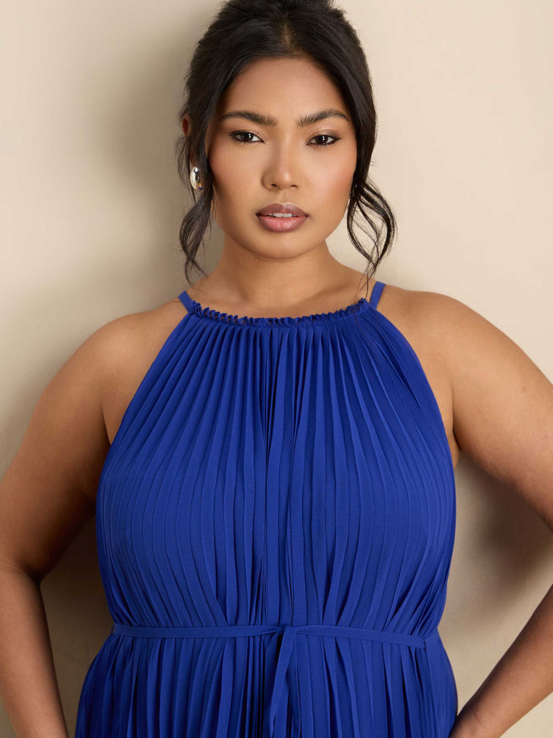 Blue Halter Pleated Maxi Dress