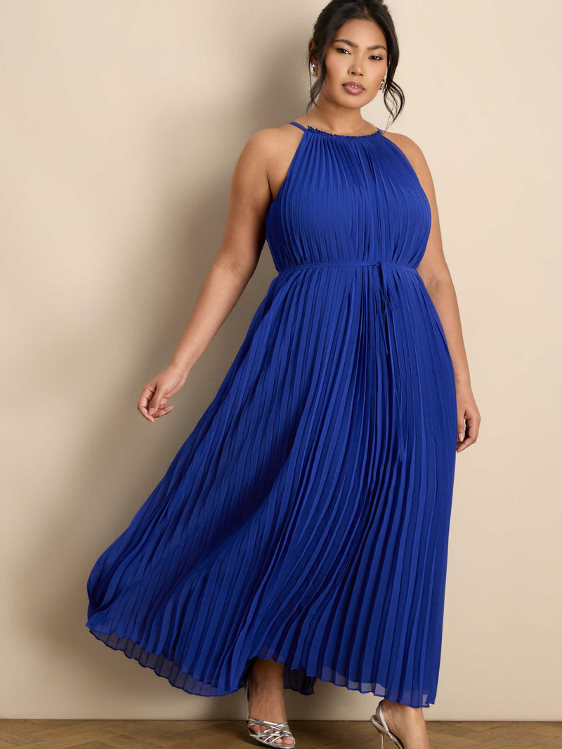 Blue Halter Pleated Maxi Dress