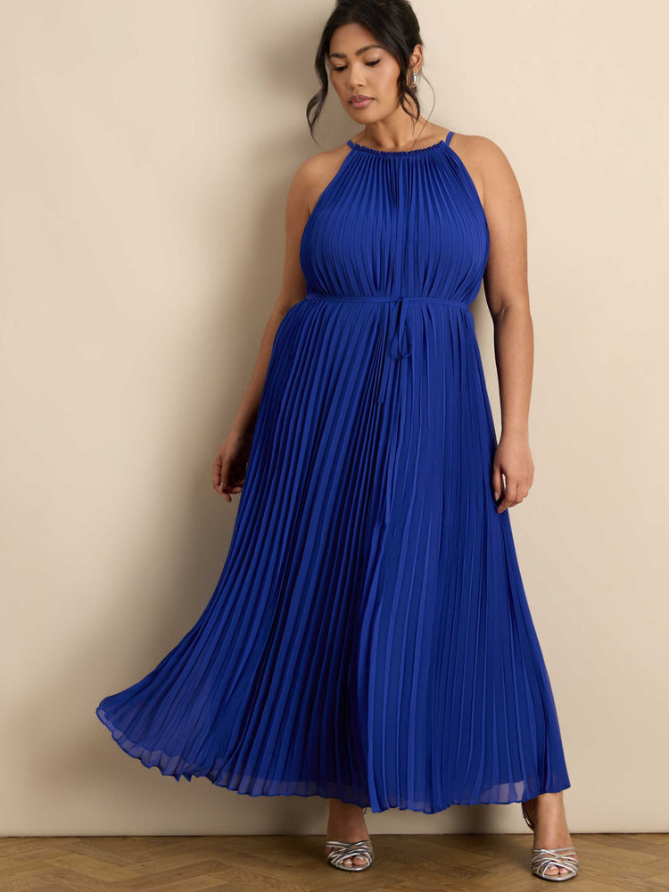 Blue Halter Pleated Maxi Dress