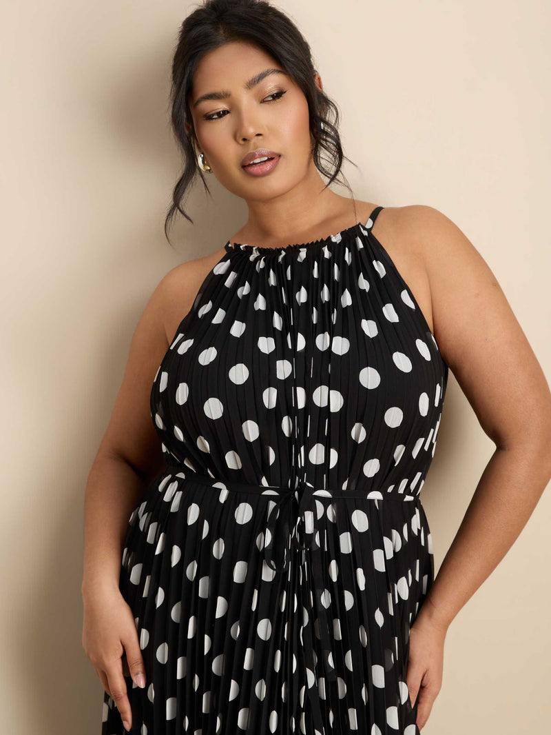 Black And White Spot Print Halter Neck Pleated Maxi Dress