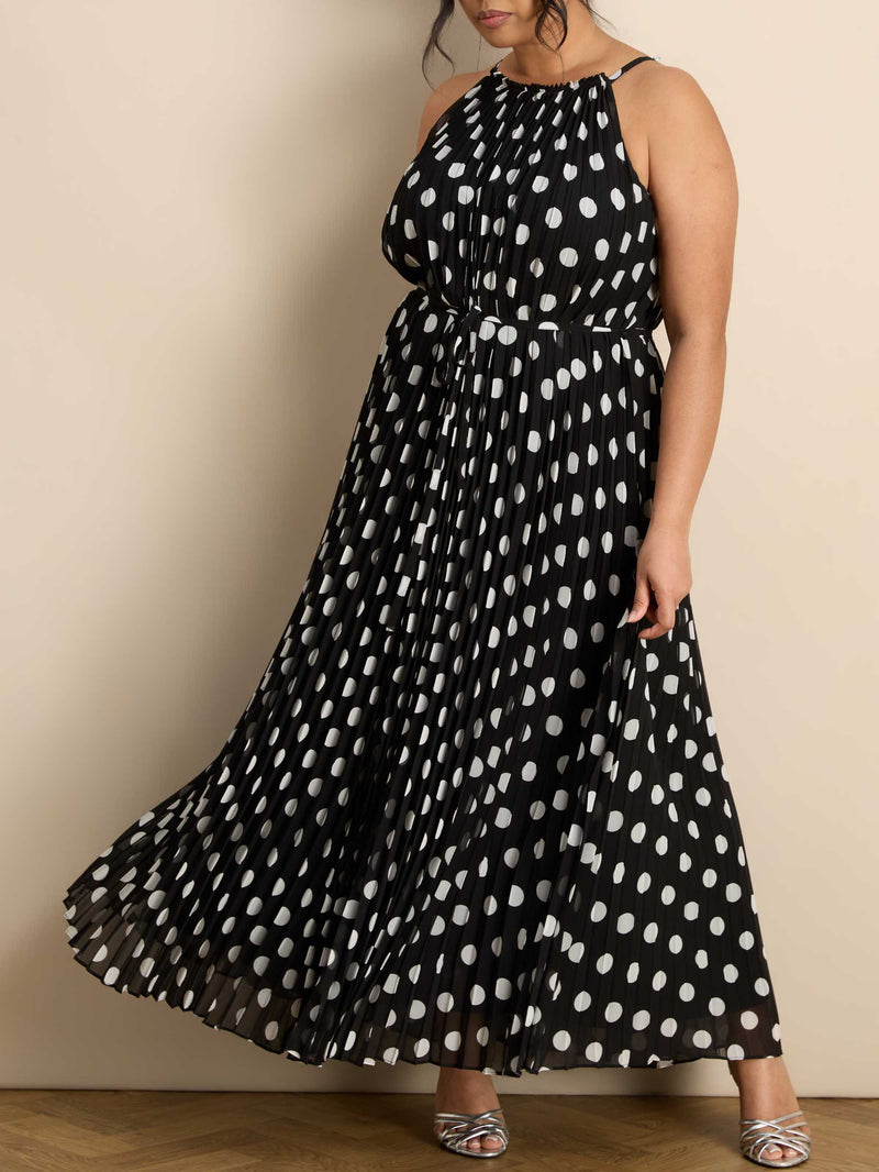 Black And White Spot Print Halter Neck Pleated Maxi Dress