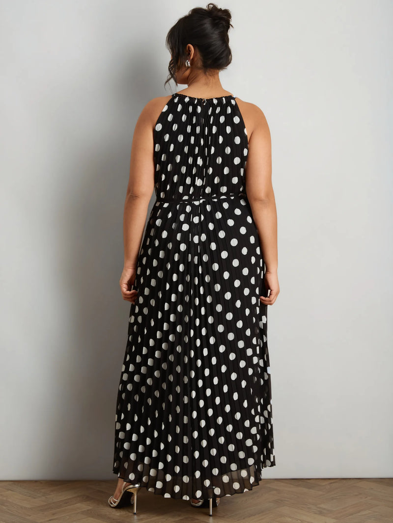 Black And White Spot Print Halter Neck Pleated Maxi Dress