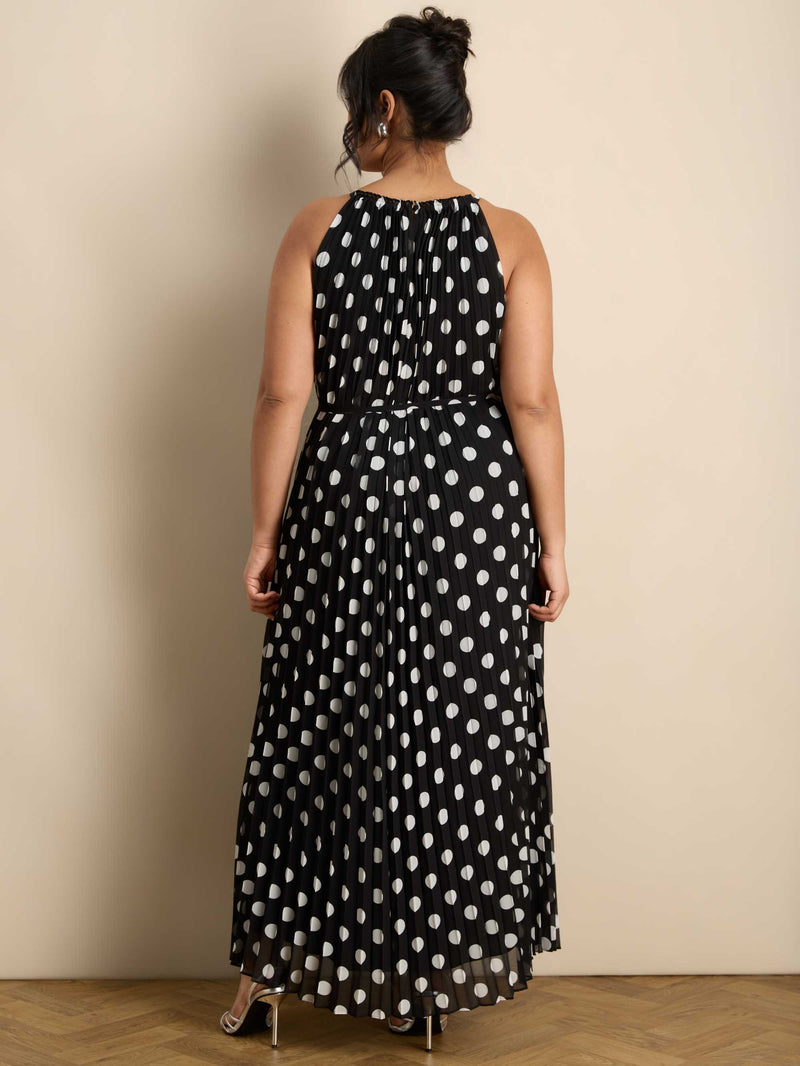 Black And White Spot Print Halter Neck Pleated Maxi Dress