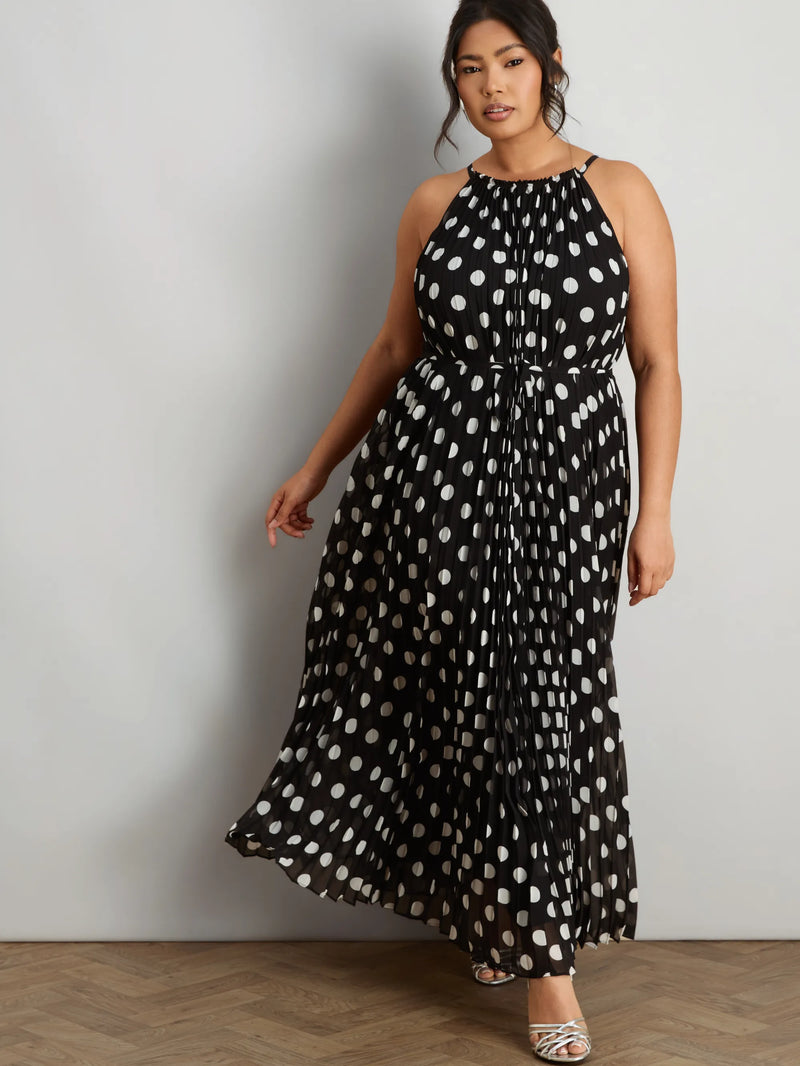 Black And White Spot Print Halter Neck Pleated Maxi Dress