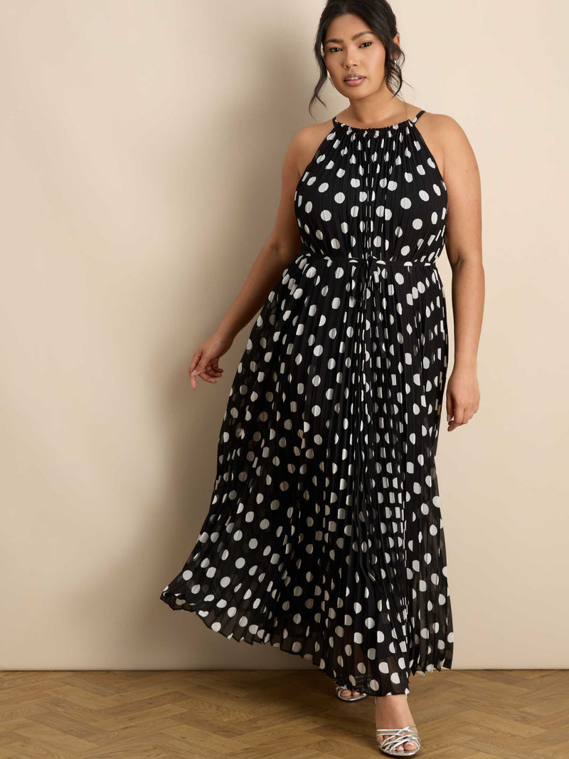 Black And White Spot Print Halter Neck Pleated Maxi Dress