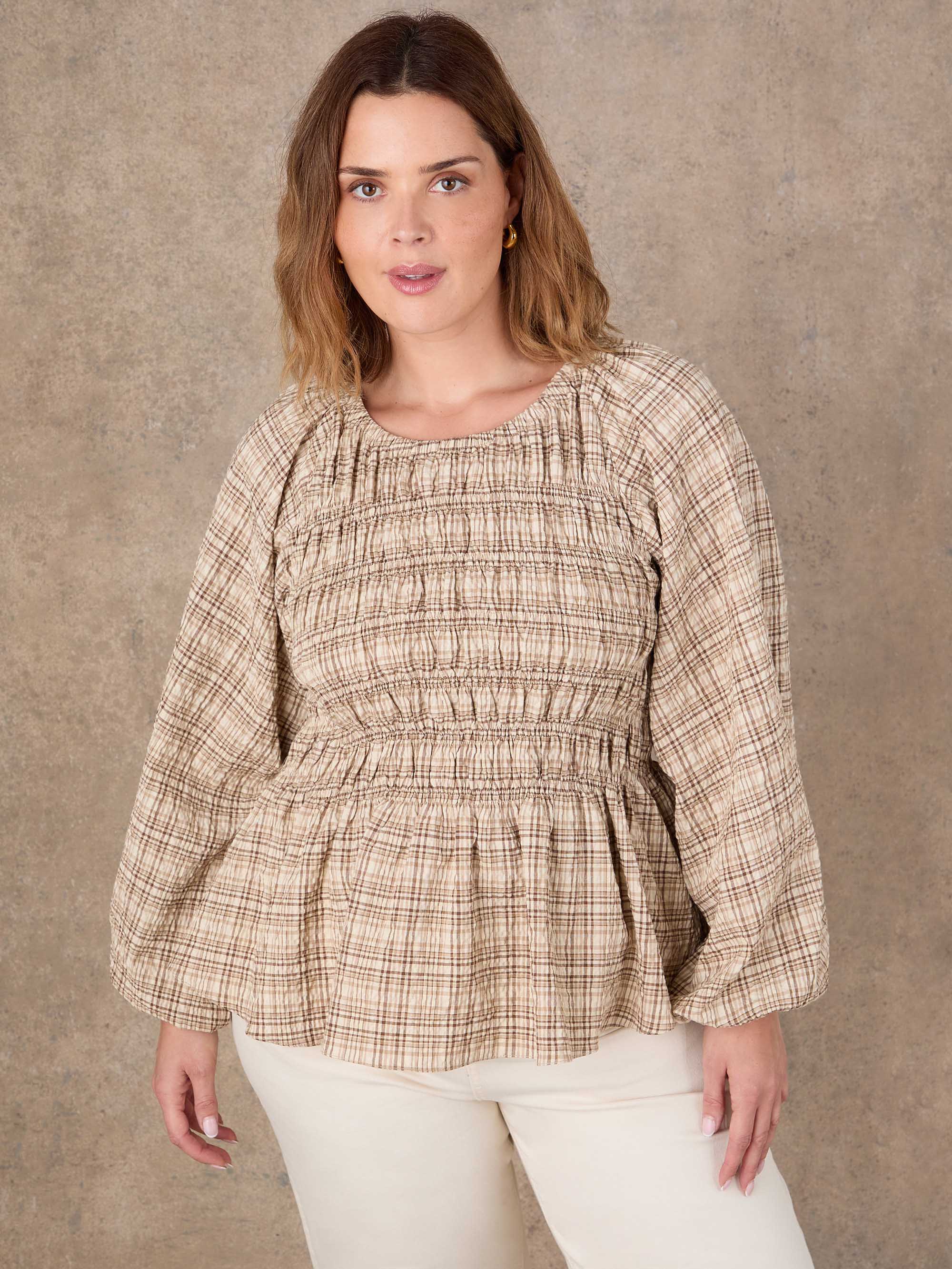 Brown Check Shirred Long Sleeve Top