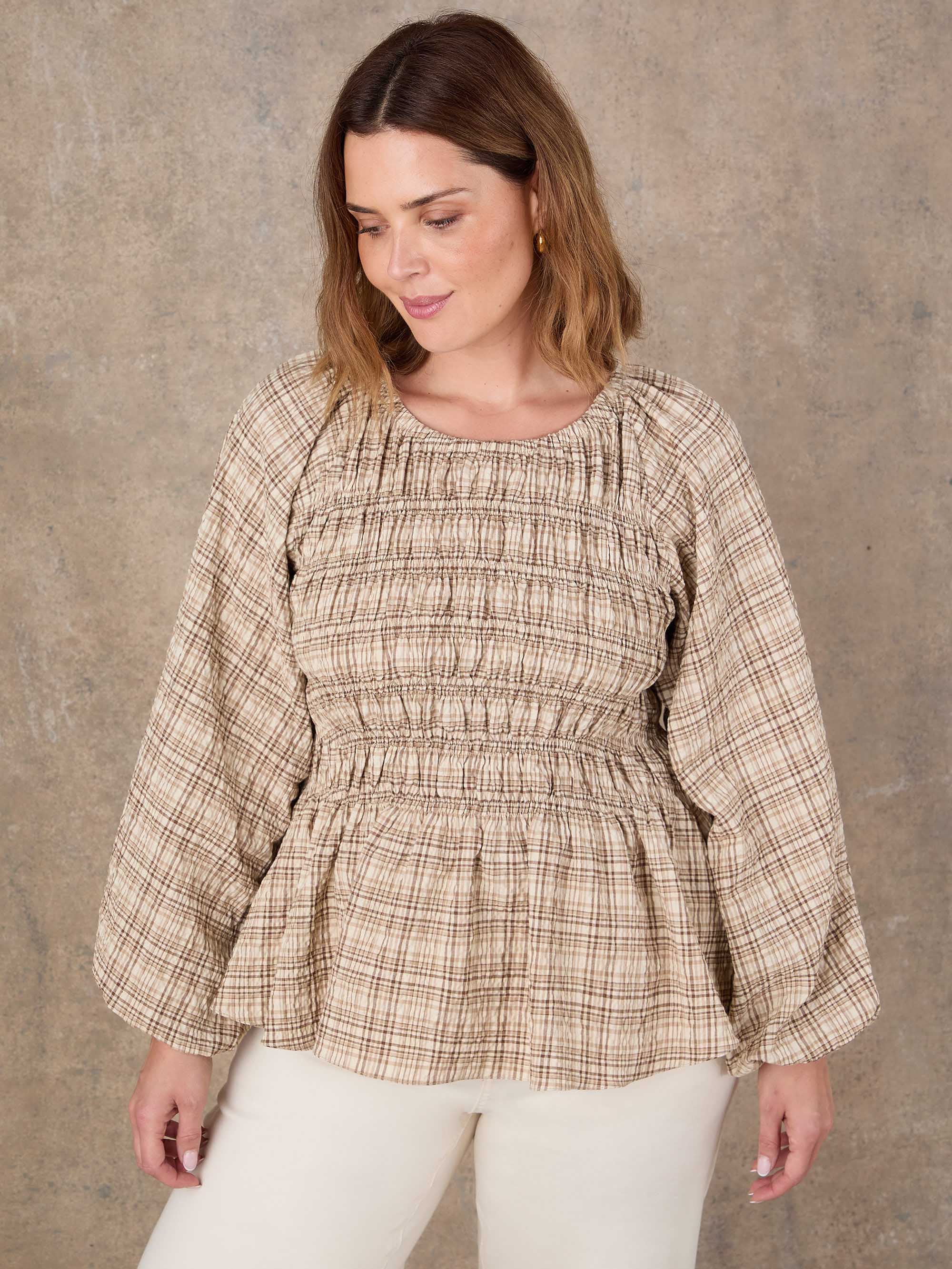 Brown Check Shirred Long Sleeve Top