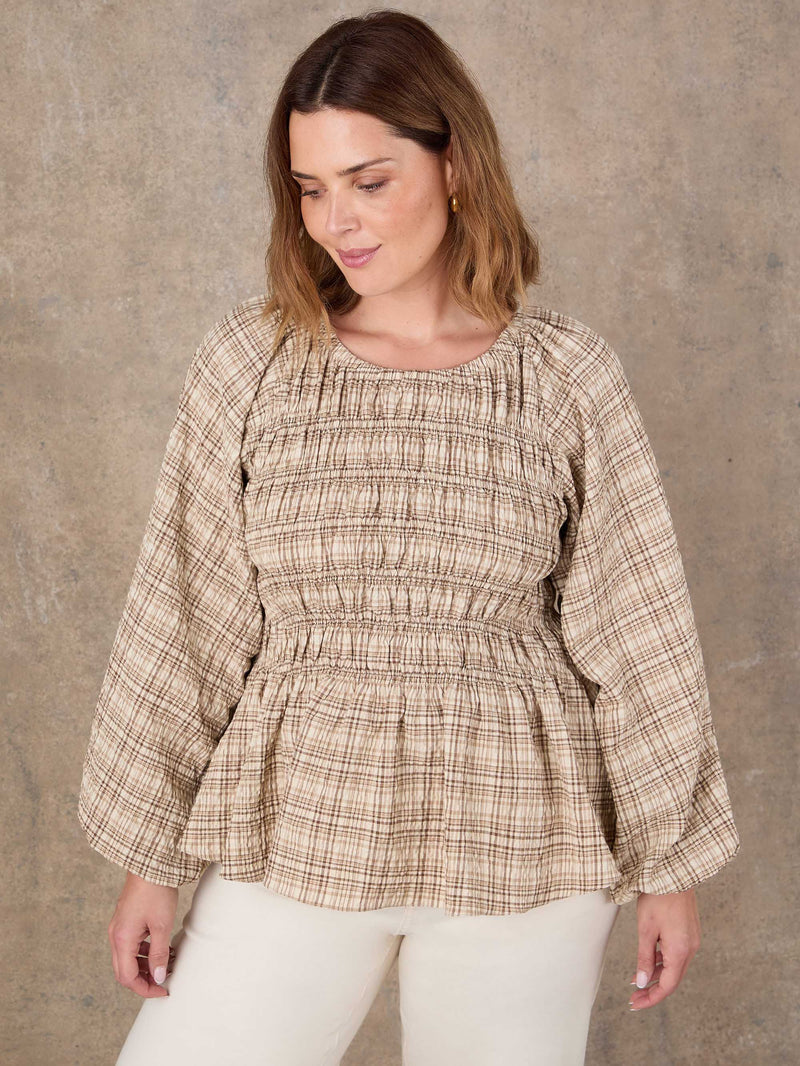 Brown Check Shirred Long Sleeve Top