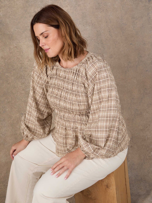 Brown Check Shirred Long Sleeve Top