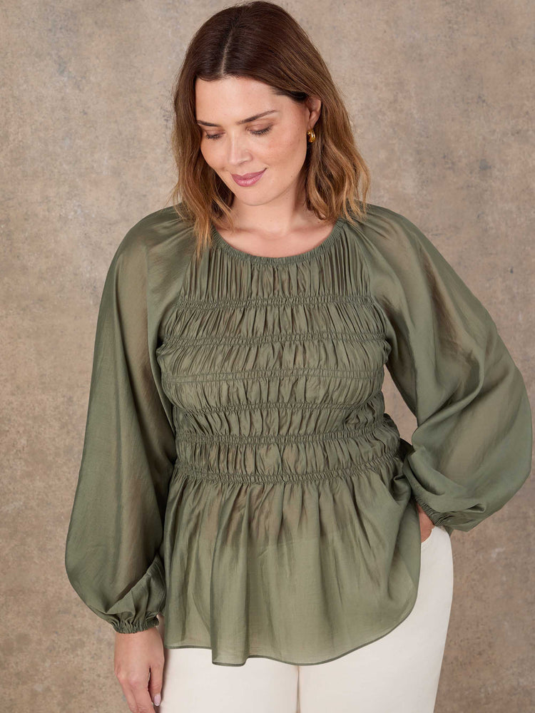 Khaki Shirred Long Sleeve Top