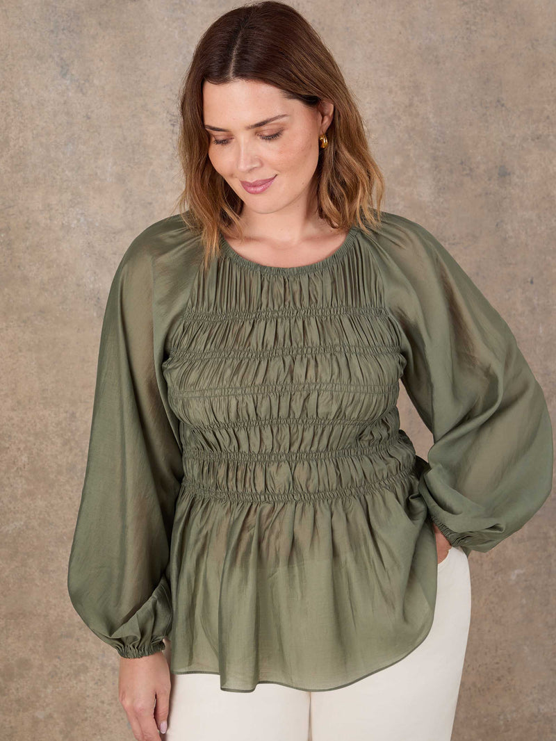 Khaki Shirred Long Sleeve Top