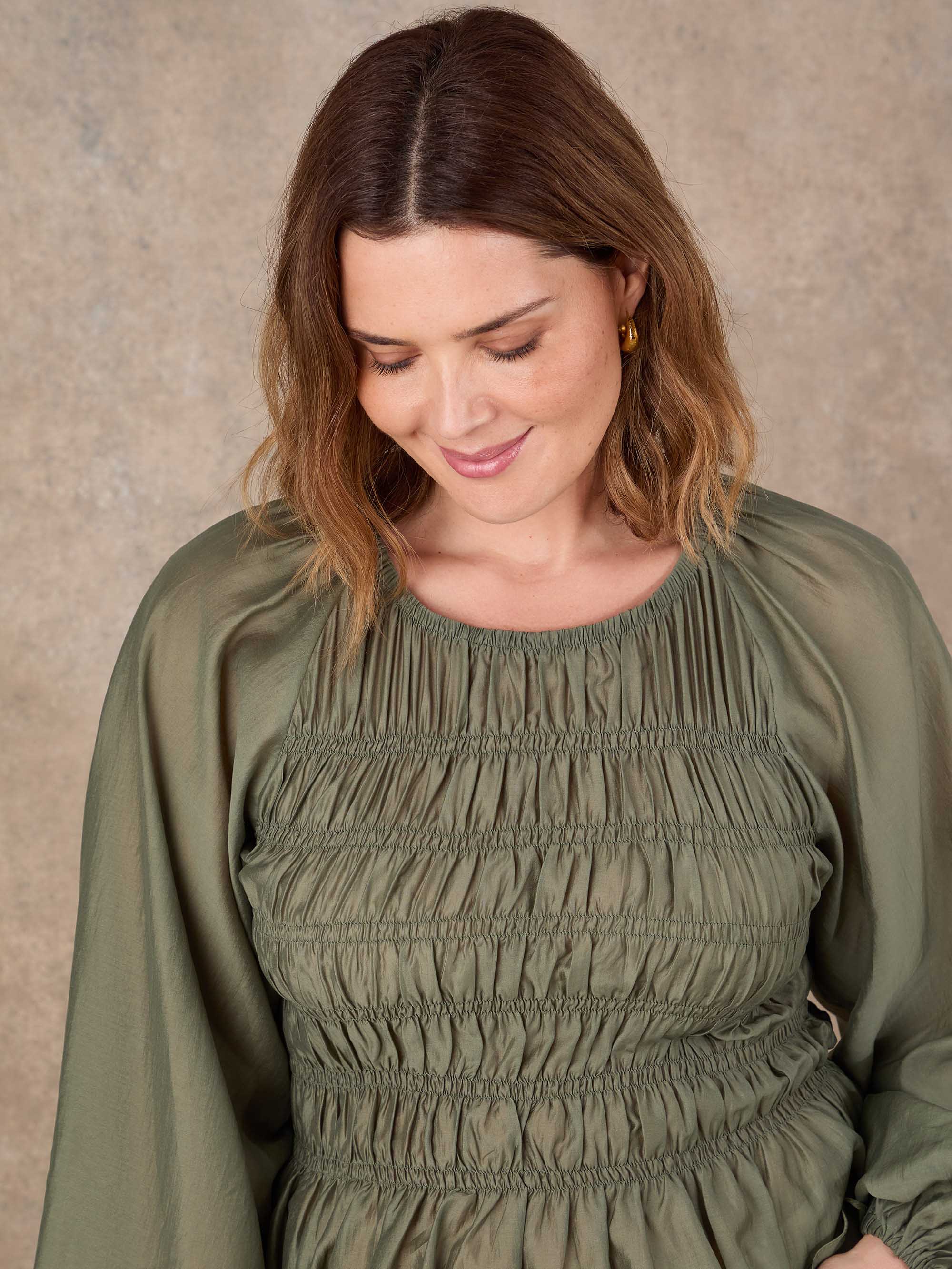Khaki Shirred Long Sleeve Top