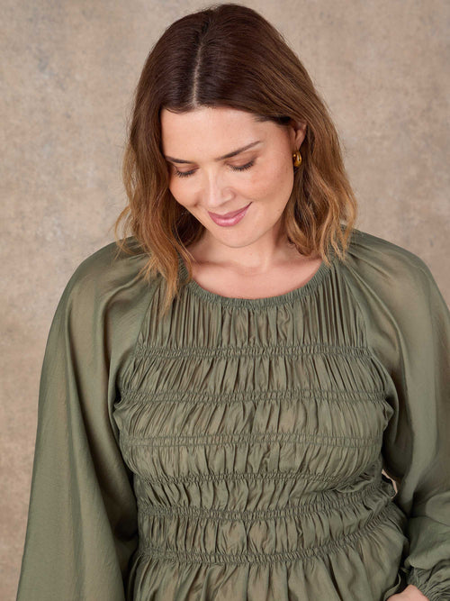 Khaki Shirred Long Sleeve Top