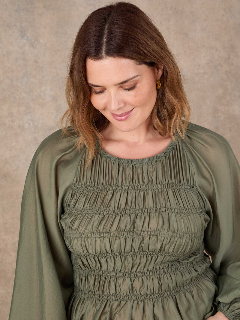 Khaki Shirred Long Sleeve Top
