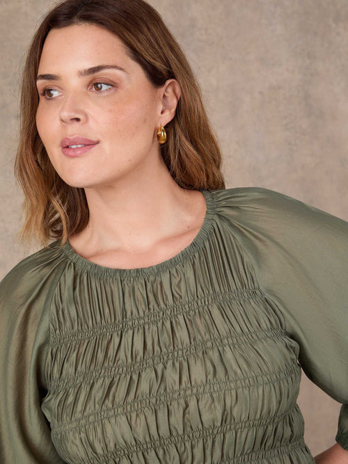 Khaki Shirred Long Sleeve Top