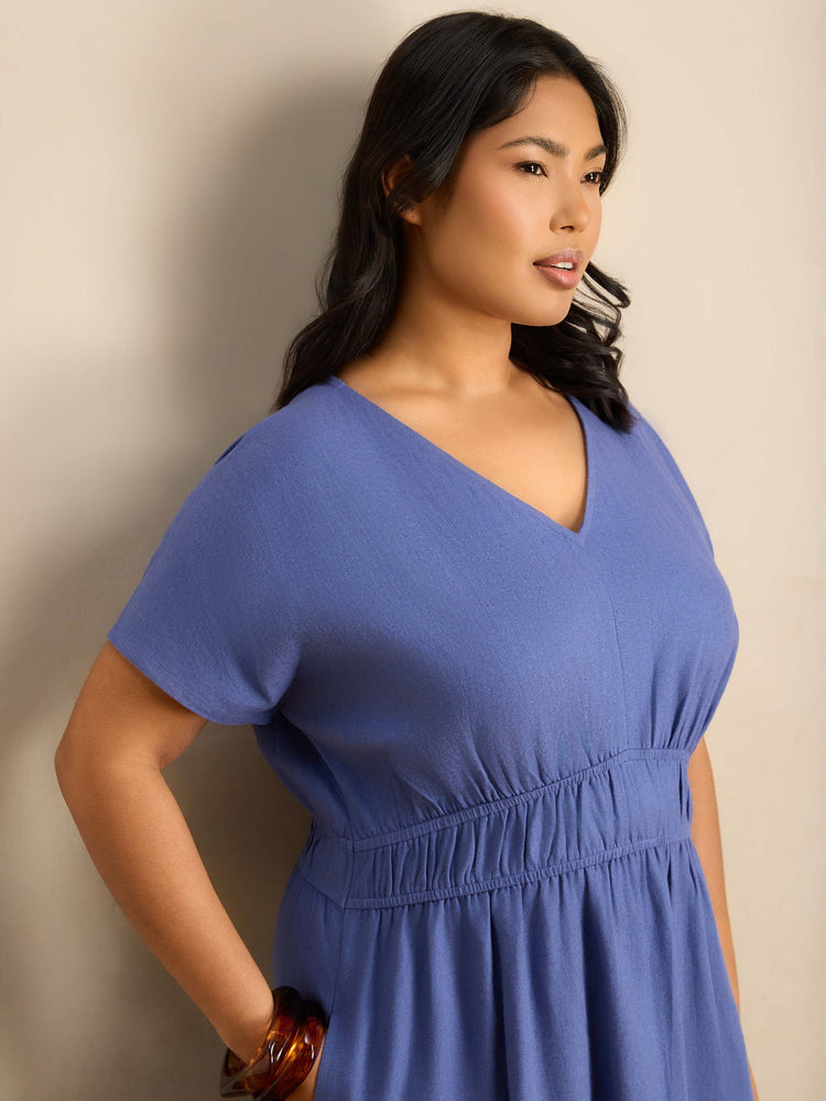 Petite Blue Linen Blend V-Neck Waist Detail Midaxi Dress