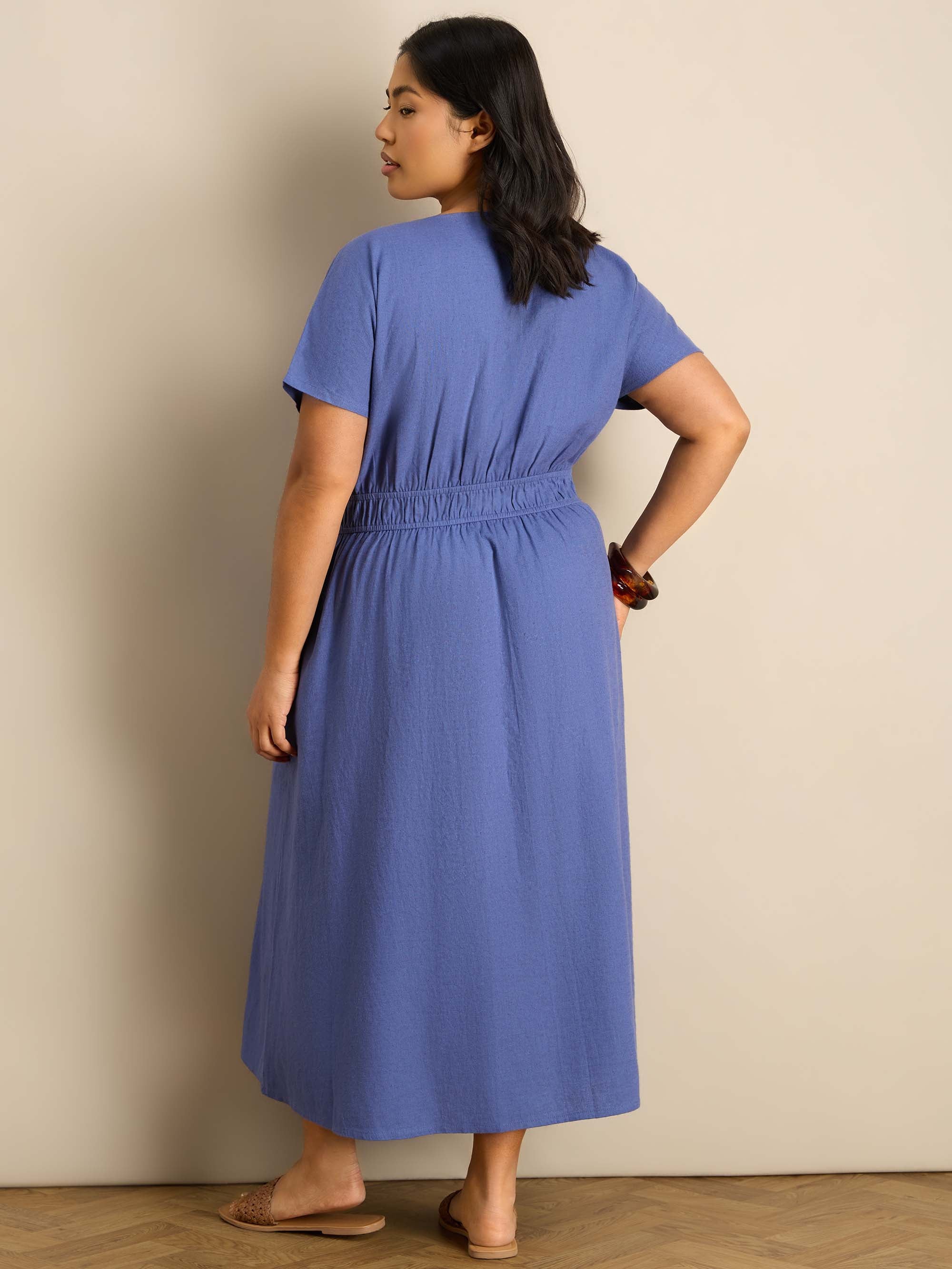 Petite Blue Linen Blend V-Neck Waist Detail Midaxi Dress