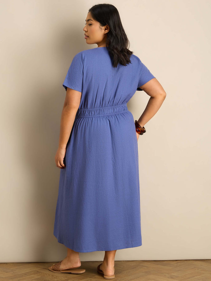 Blue Linen Blend V-Neck Waist Detail Midaxi Dress