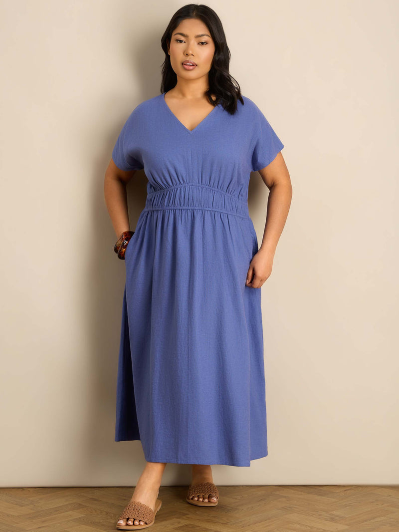 Blue Linen Blend V-Neck Waist Detail Midaxi Dress
