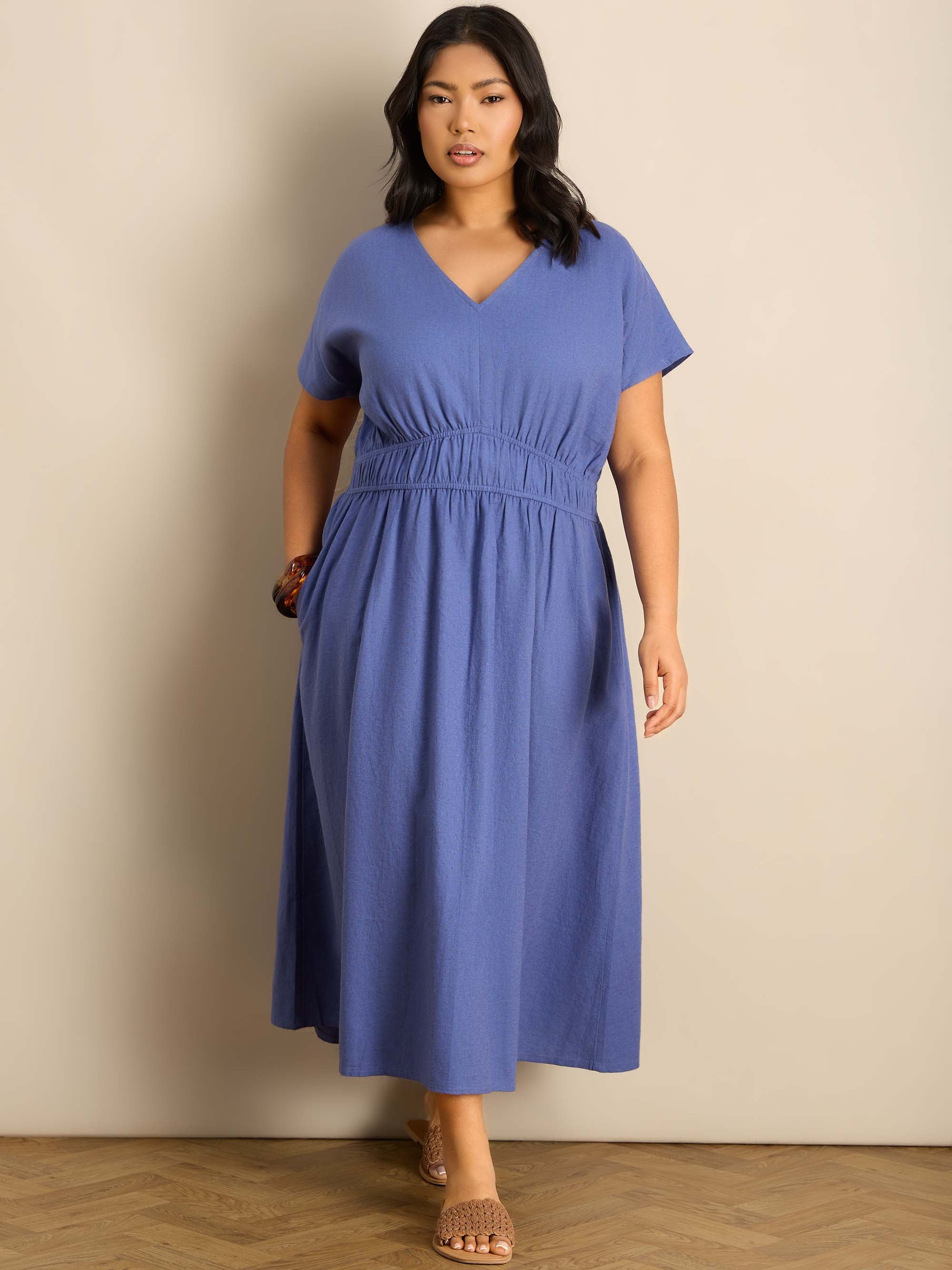 Petite Blue Linen Blend V-Neck Waist Detail Midaxi Dress