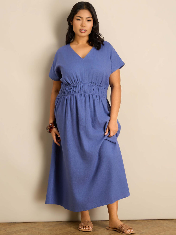 Petite Blue Linen Blend V-Neck Waist Detail Midaxi Dress