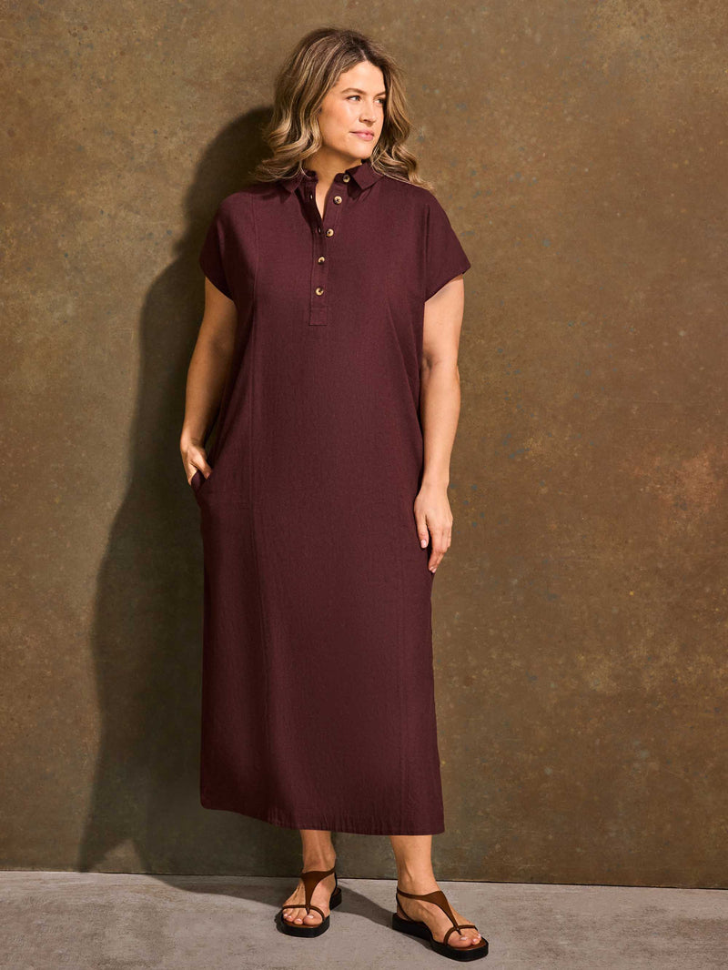 Chocolate Linen Blend Button Front Midaxi Shirt Dress Plus Size , Curve