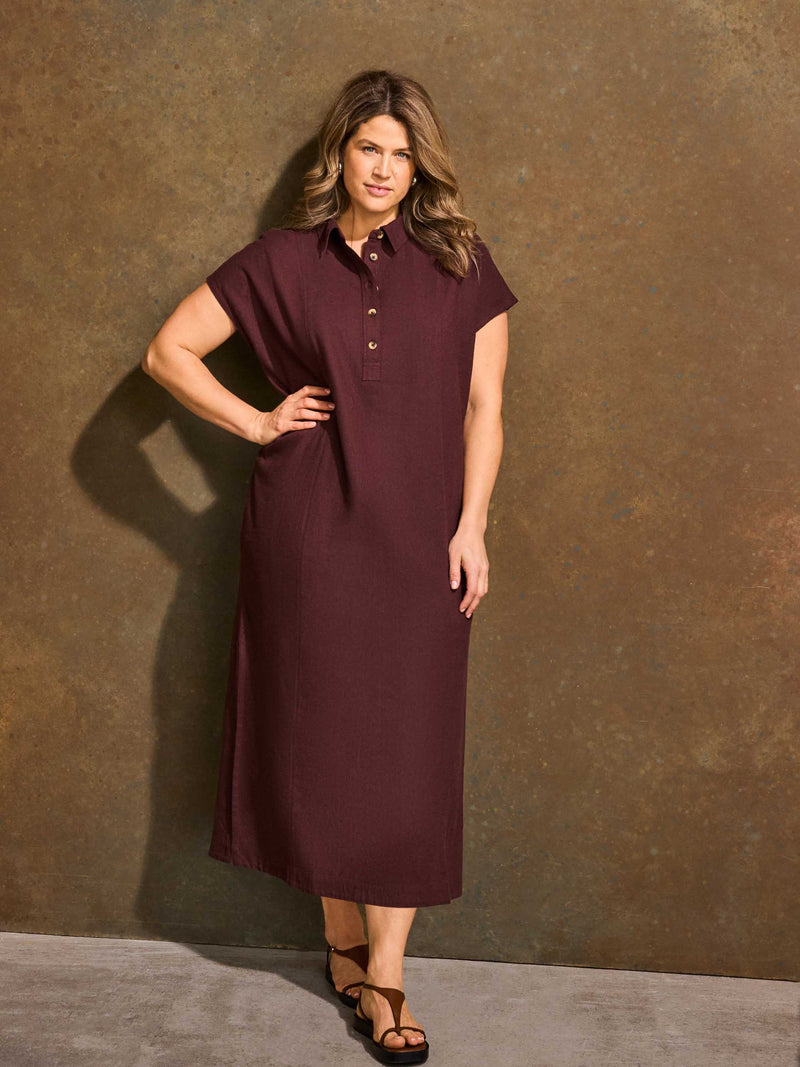Chocolate Linen Blend Button Front Midaxi Shirt Dress Plus Size , Curve