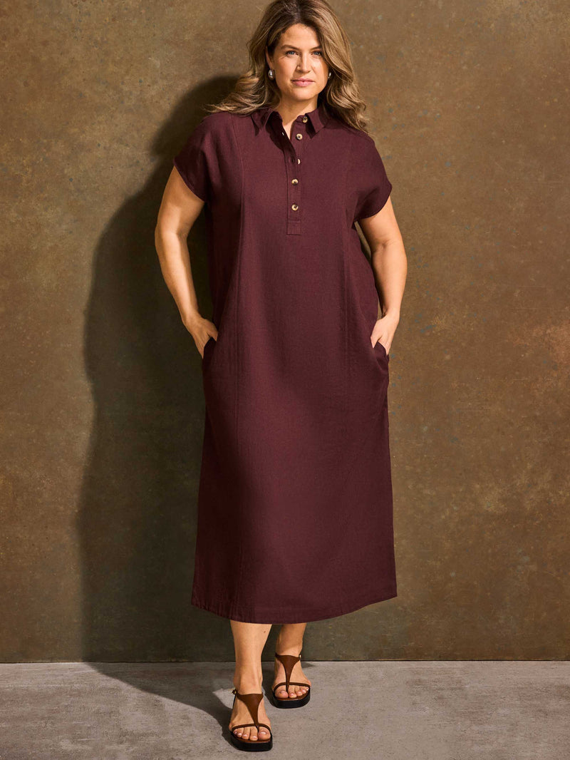 Chocolate Linen Blend Button Front Midaxi Shirt Dress Plus Size , Curve