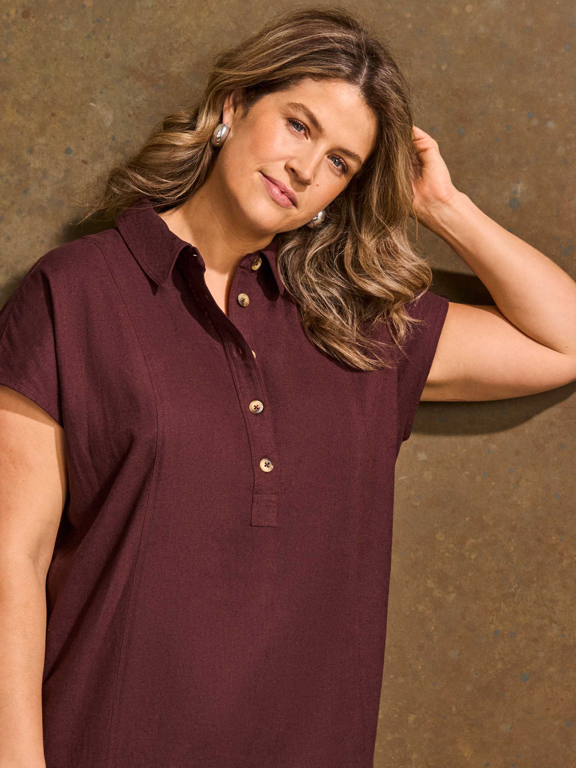 Chocolate Linen Blend Button Front Midaxi Shirt Dress Plus Size , Curve