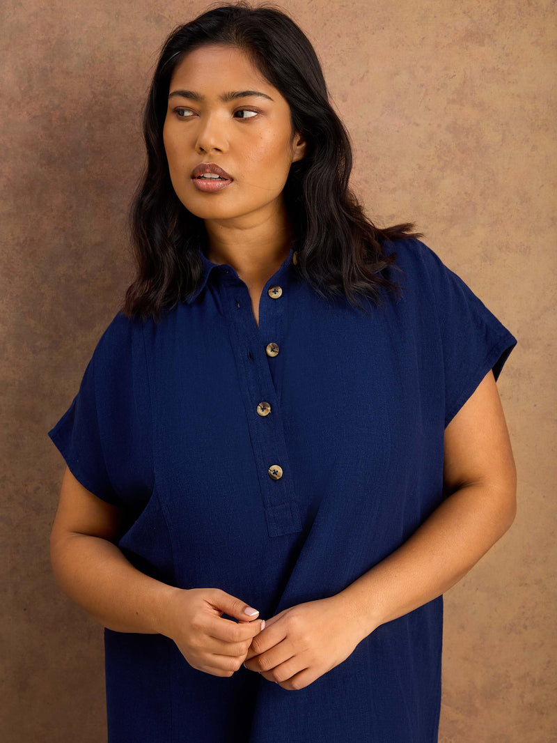 Navy Linen Blend Button Front Midaxi Shirt Dress