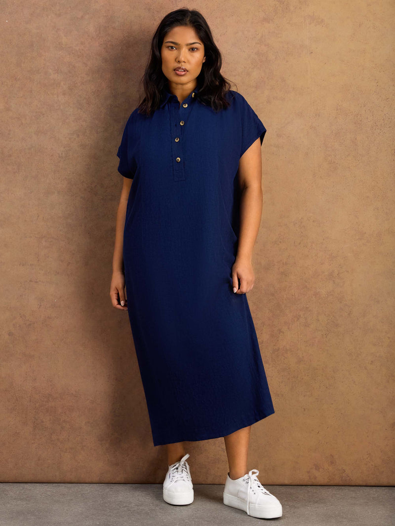 Navy Linen Blend Button Front Midaxi Shirt Dress