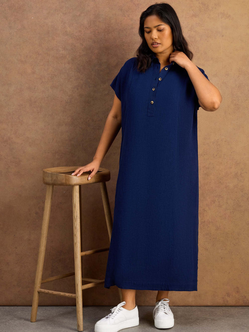 Navy Linen Blend Button Front Midaxi Shirt Dress