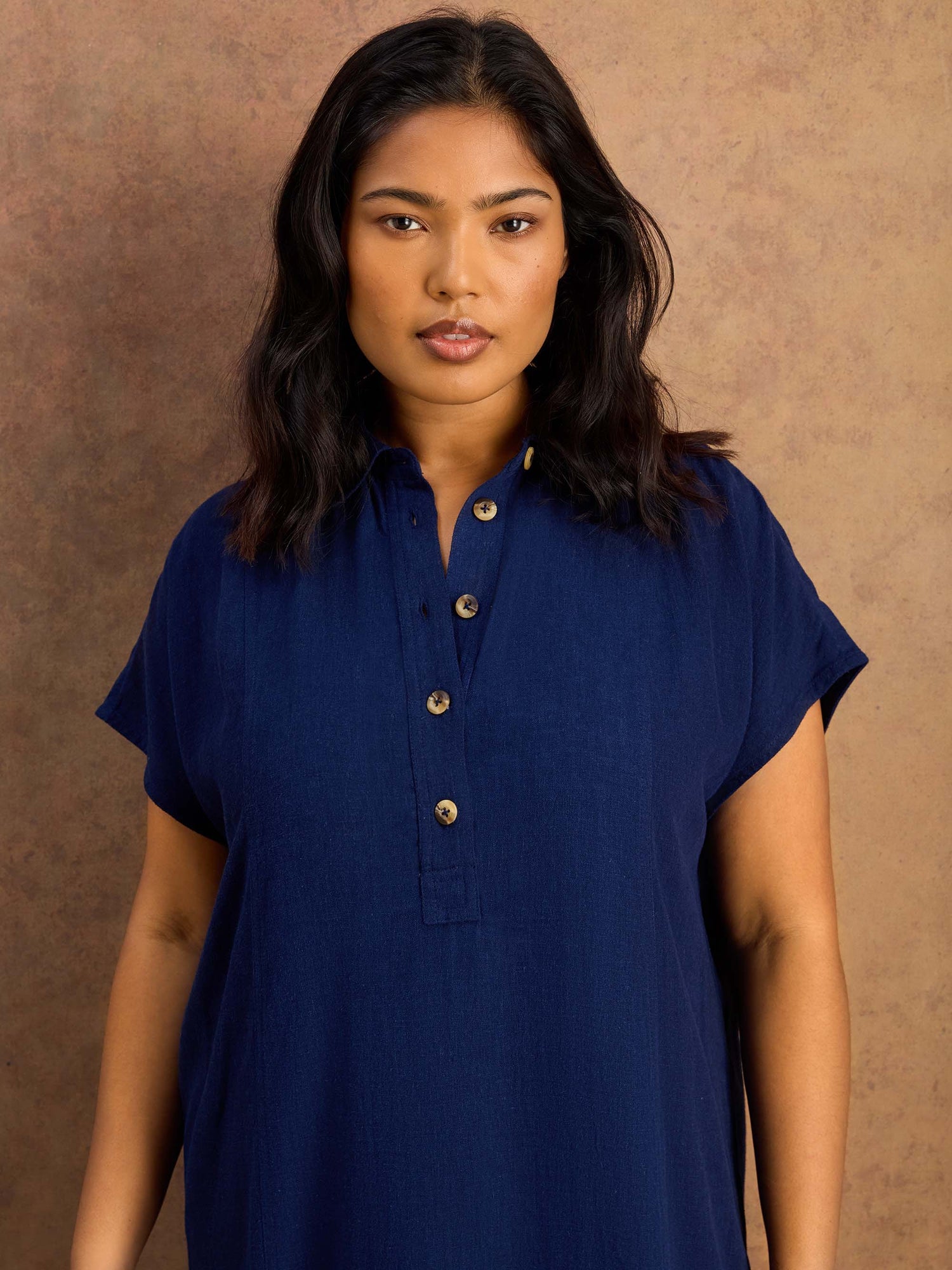 Navy Linen Blend Button Front Midaxi Shirt Dress