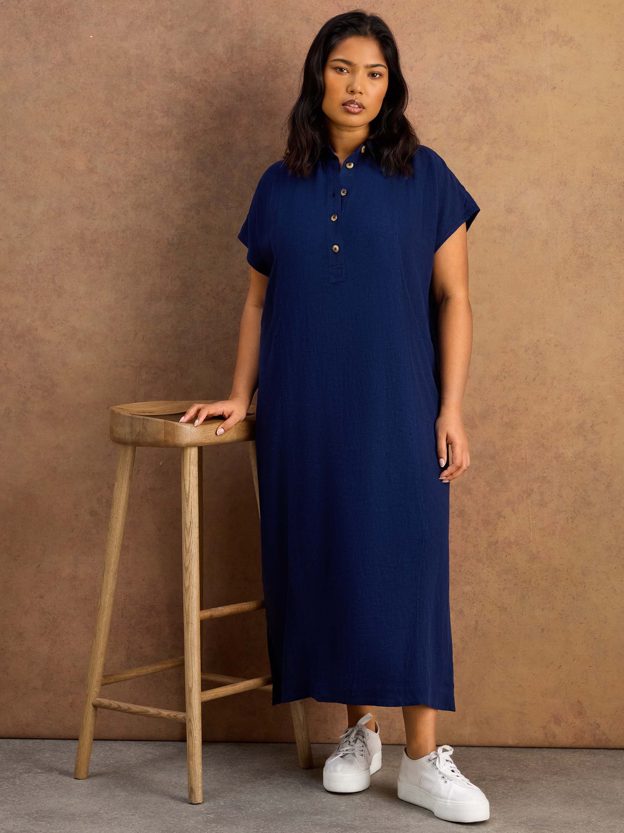 Navy Linen Blend Button Front Midaxi Shirt Dress