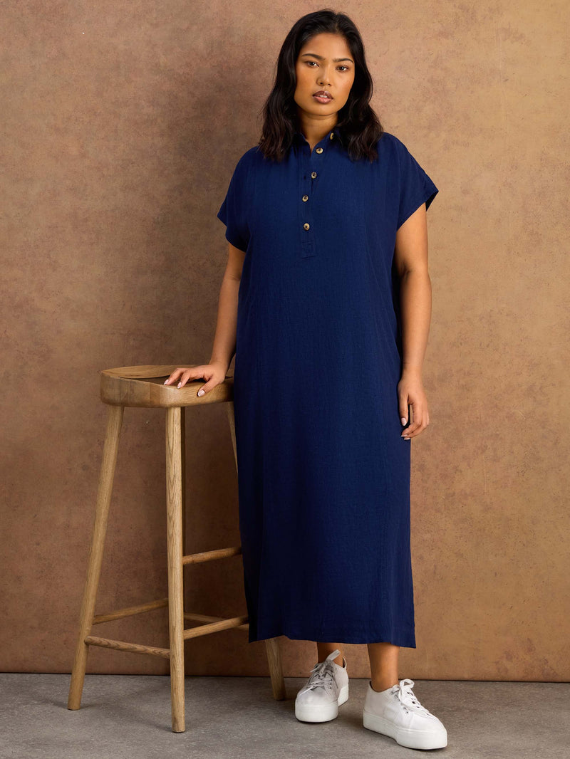Navy Linen Blend Button Front Midaxi Shirt Dress