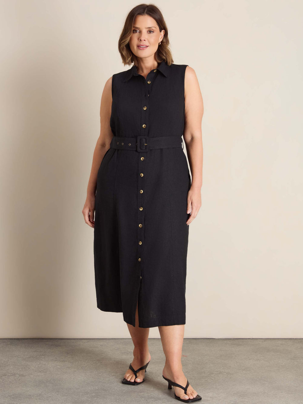 Petite Black Linen Blend Midaxi Shirt Dress
