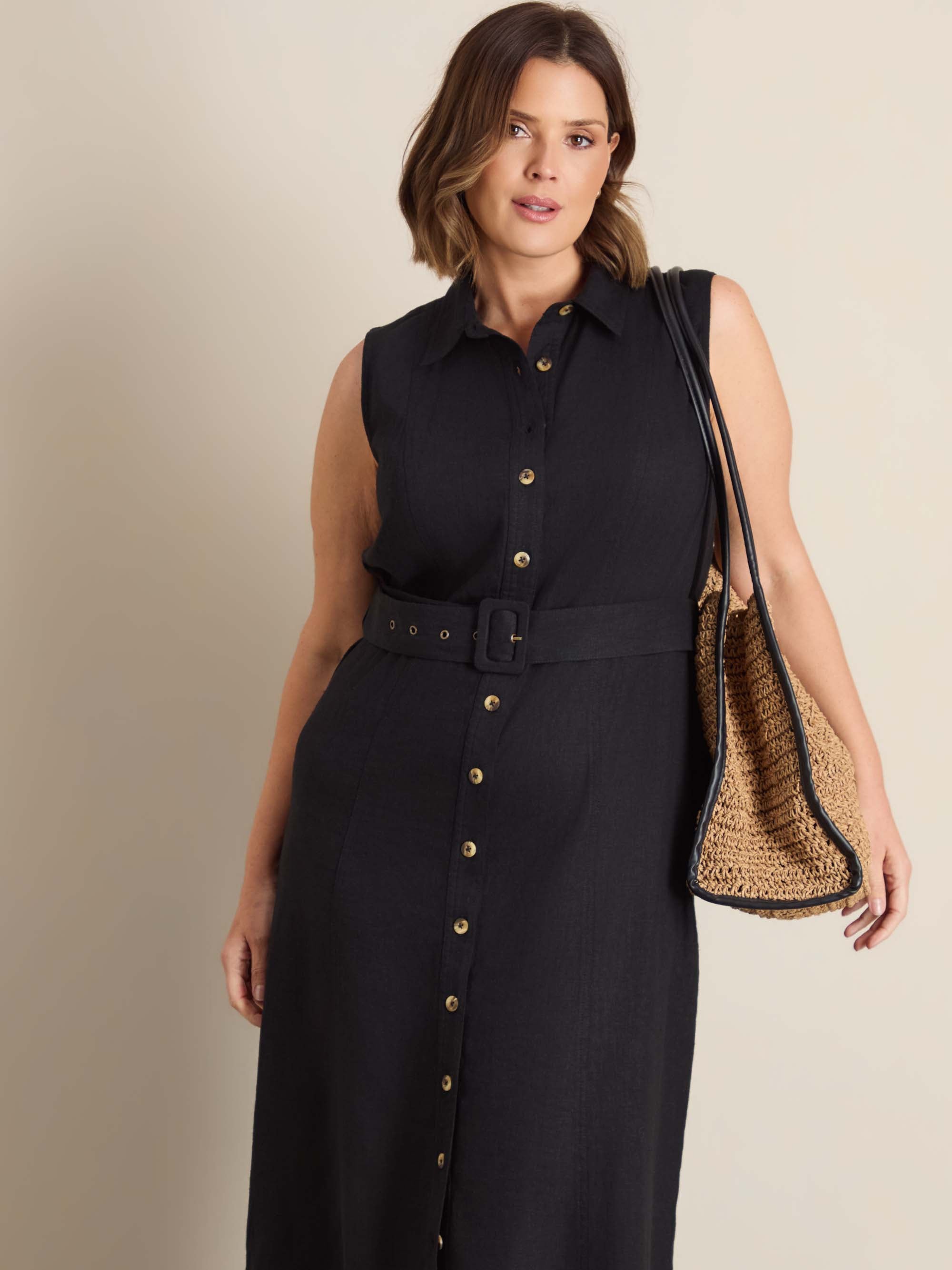 Black Linen Blend Belted Midi Shirt Dress