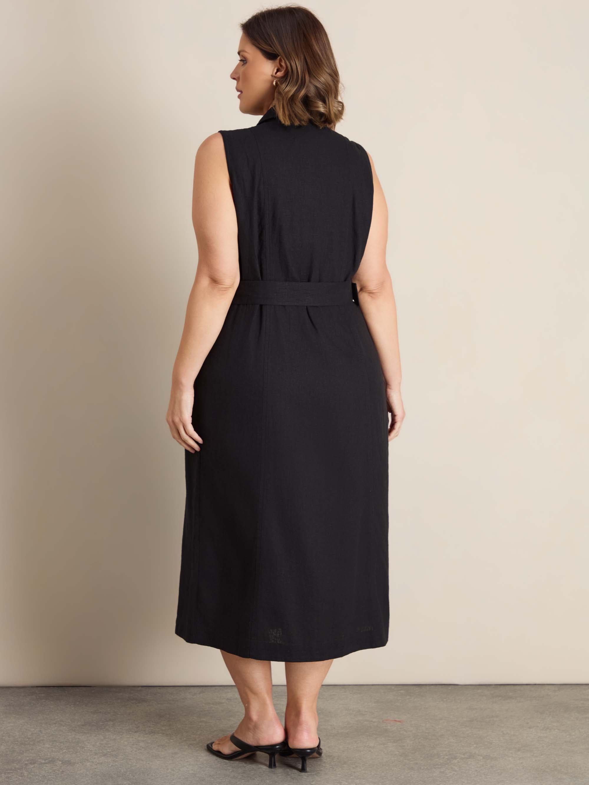 Black Linen Blend Belted Midi Shirt Dress