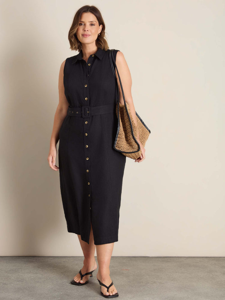 Black Linen Blend Belted Midi Shirt Dress