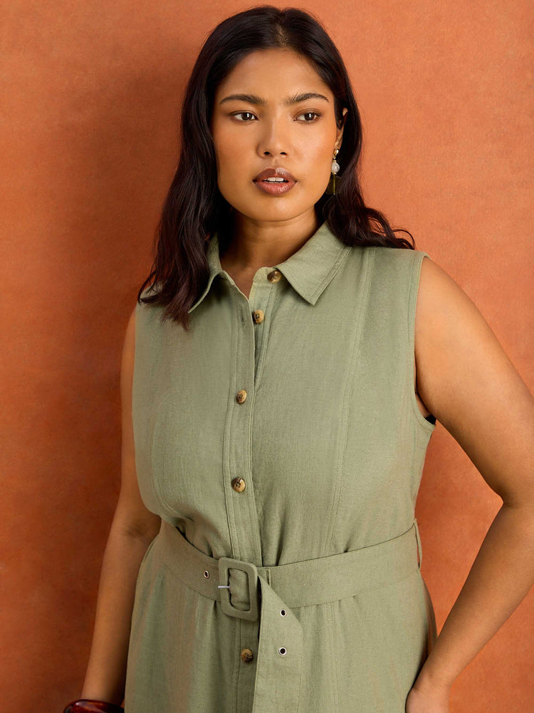 Green Linen Blend Midaxi Shirt Dress Resort Holiday