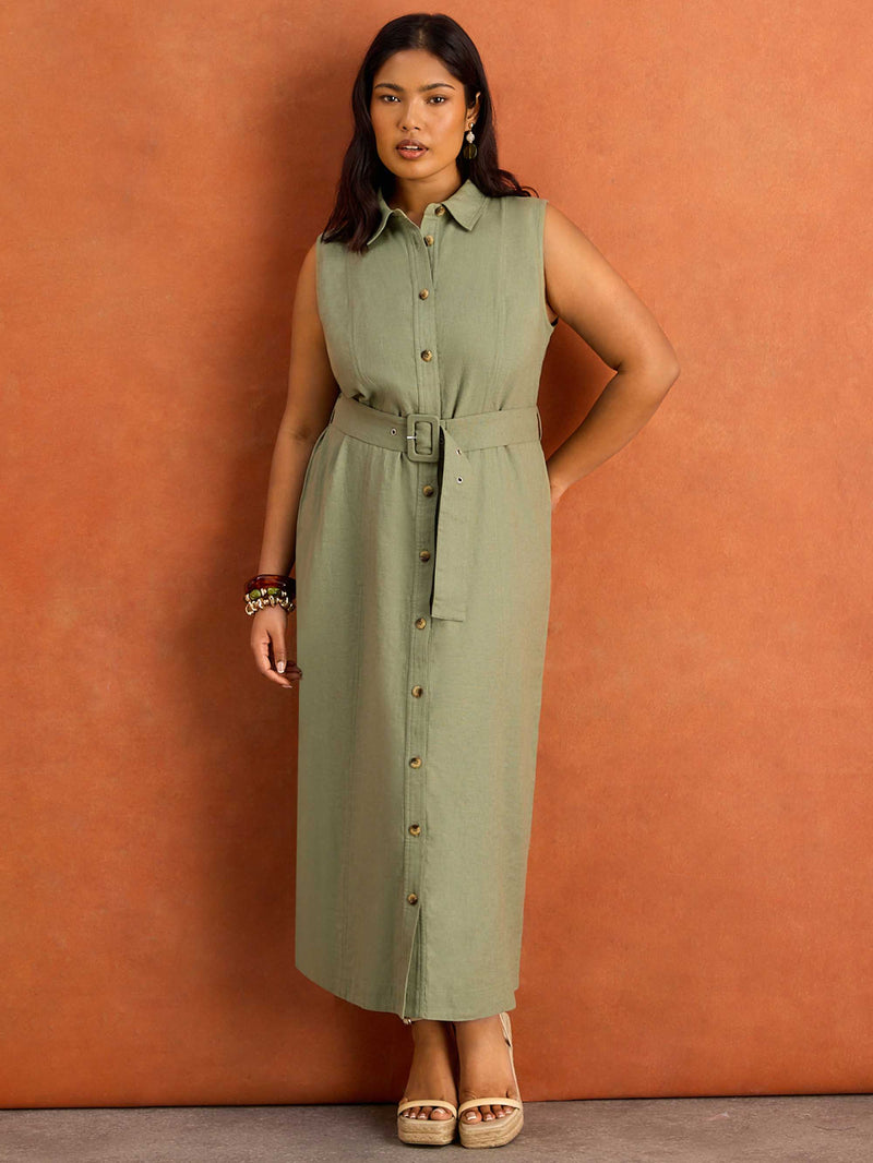 Green Linen Blend Midaxi Shirt Dress Resort Holiday