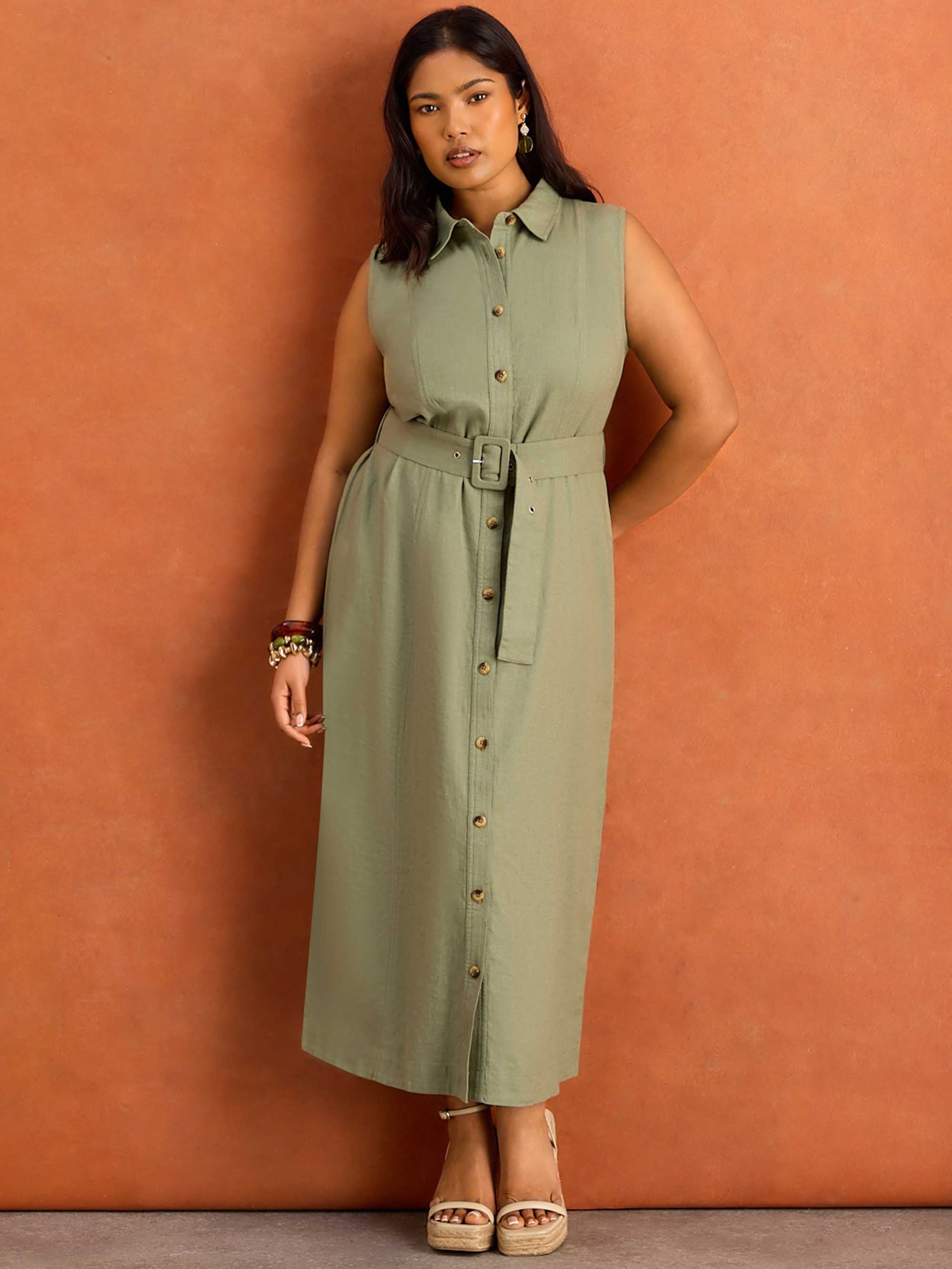 Green Linen Blend Midaxi Shirt Dress Resort Holiday