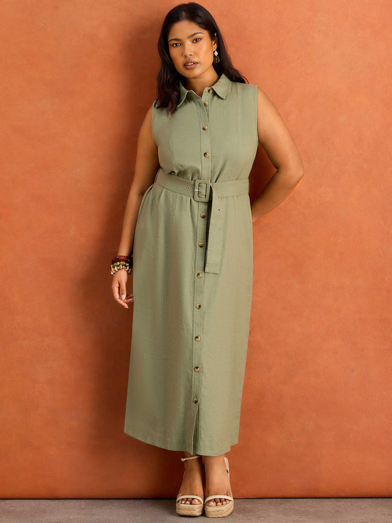 Green Linen Blend Midaxi Shirt Dress Resort Holiday
